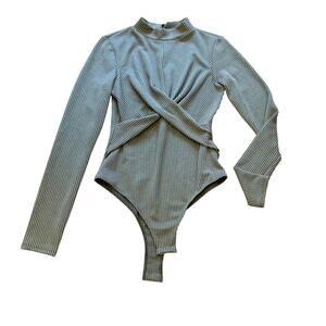 Lulus Green Ribbed Twist-Front Long Sleeve Bodysuit Women's Size Medium
